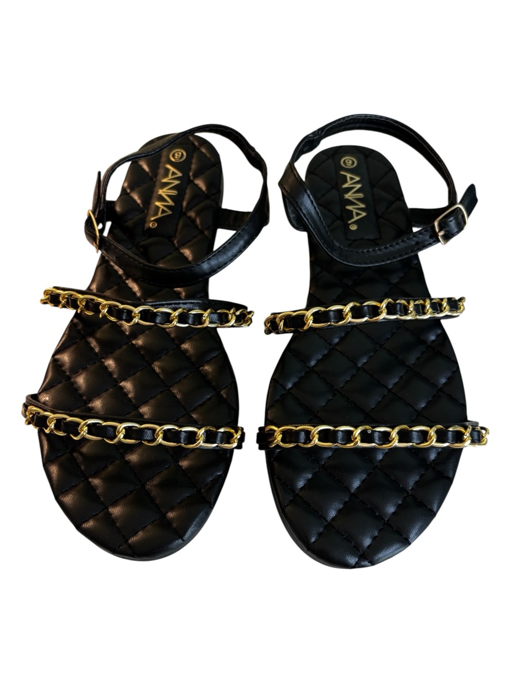 Anna Black Quilted Sandals with Gold Tone Chain-link Straps in Ladies Size 9